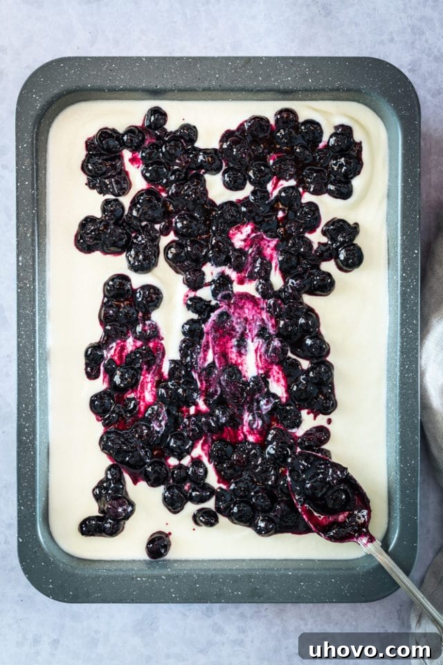 overhead view of the creamy filling being generously topped with the prepared blueberry mixture in a baking pan.