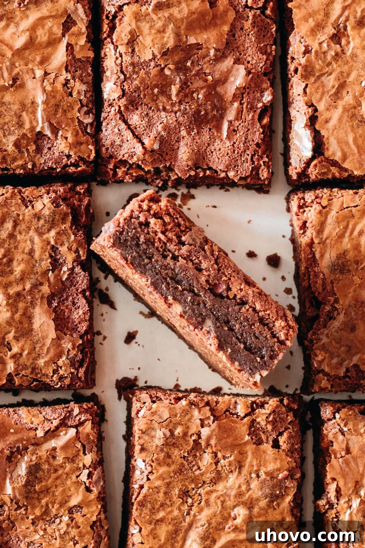 Overhead view of Supernatural Brownies cut into squares, with one brownie set on its side to showcase its rich, fudgy interior and flaky top