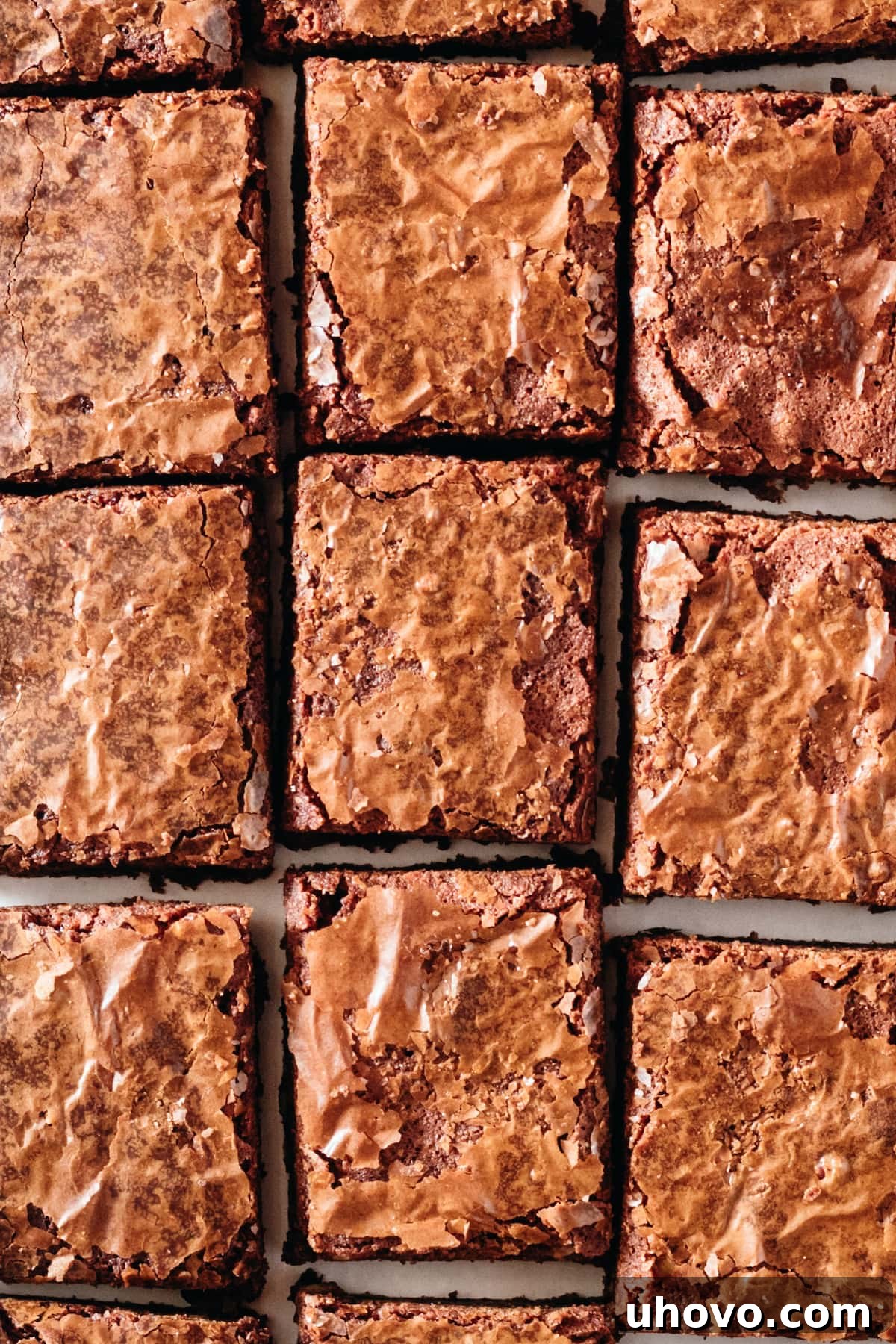 Overhead view of a tray of freshly baked Supernatural Brownies, cut into perfect squares, showcasing their rich color and flaky crust