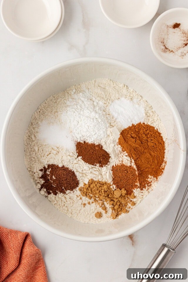 overhead view of flour, baking powder, baking soda, salt, and spices in a white mixing bowl