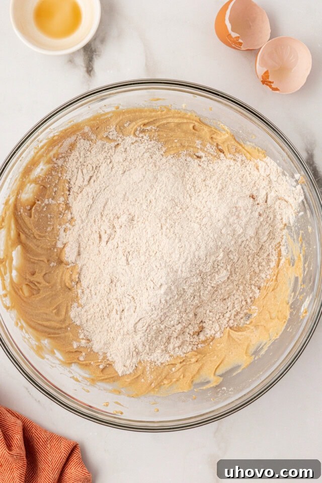 overhead view of dry ingredients added to wet ingredients for sugar and spice cookies