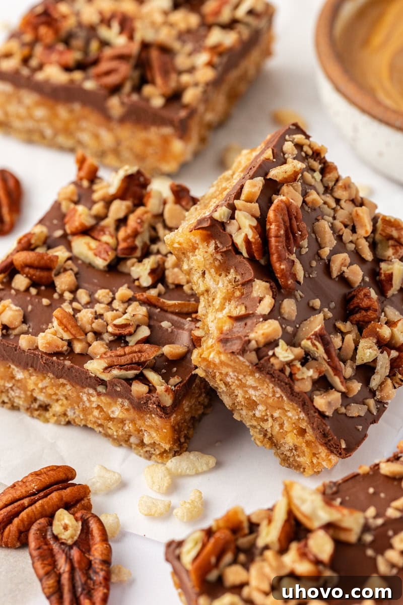 A close-up of a decadent chocolate peanut butter cereal bar leaning against another bar, showcasing its rich layers of oats, peanut butter, and chocolate topping.