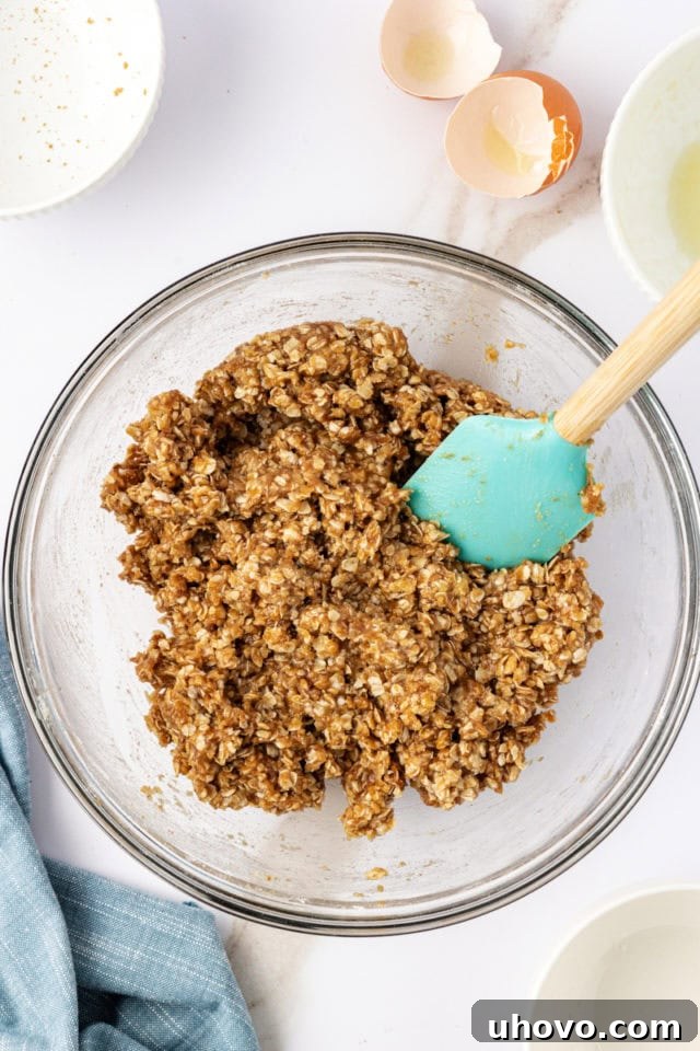 A closer view of the oat crust mixture after wet ingredients have been added and stirred, showing a cohesive, crumbly dough.