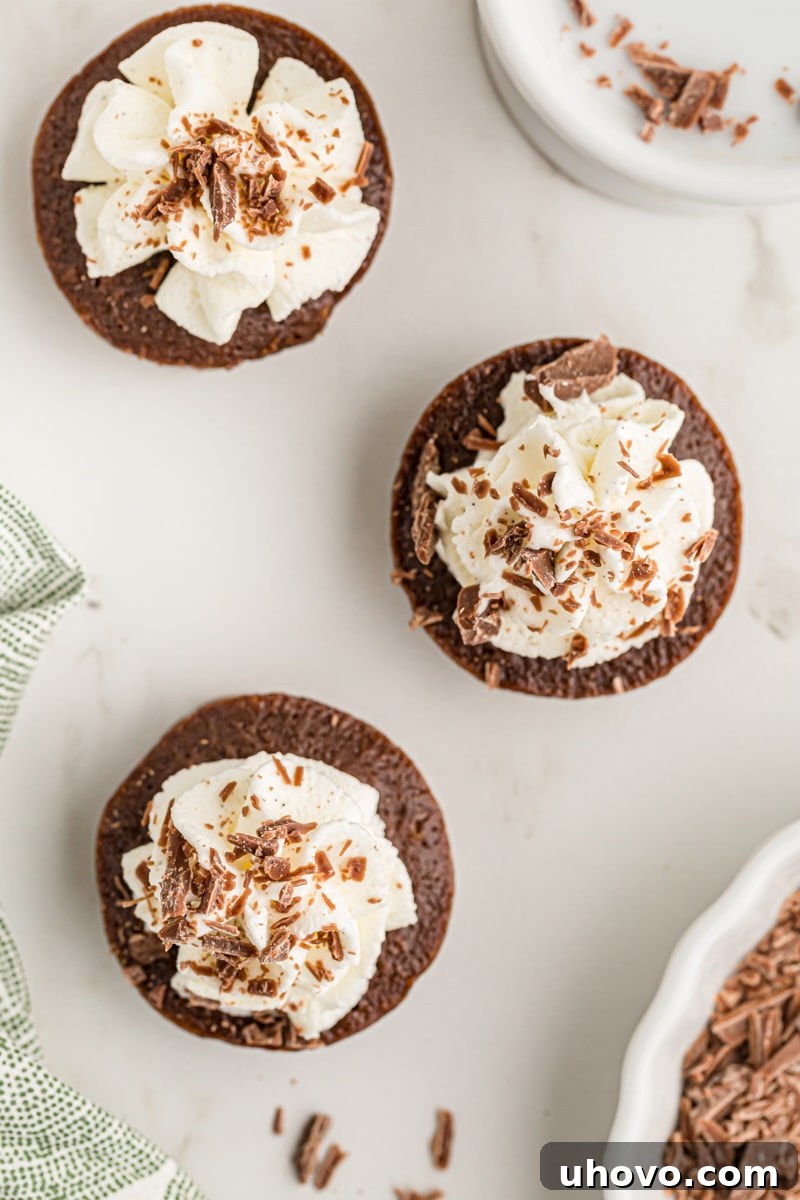Overhead view of 3 chocolate mousse mini cupcakes