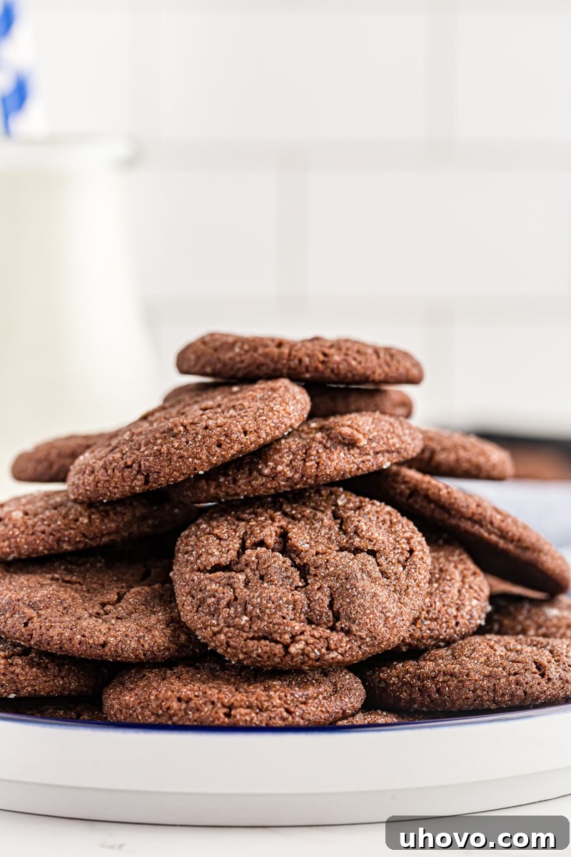 Stack of Double Chocolate Brownie Cookies on a white plate, showcasing their inviting texture