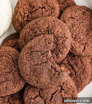 Overhead view of Double Chocolate Brownie Cookies on a plate, ready to be enjoyed