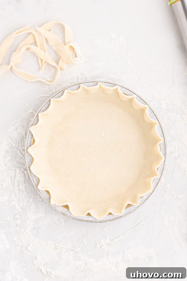 overhead view of a pie crust carefully fitted into a 9-inch pie plate, with crimped edges