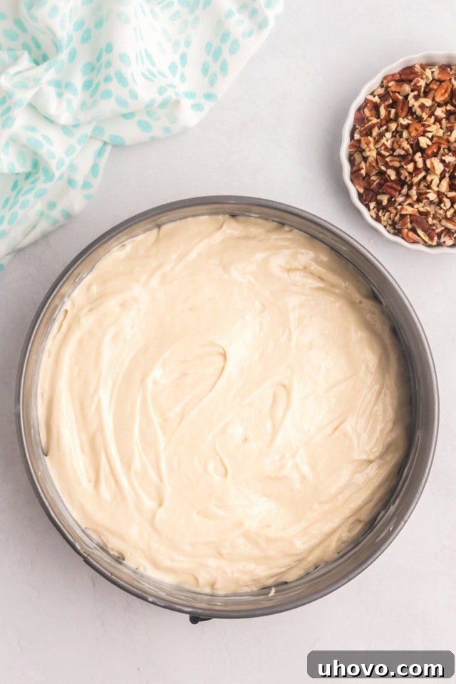 A pristine pecan pie coffee cake batter, perfectly spread into a prepared springform pan, sits awaiting its transformation in the oven, ready to bake.