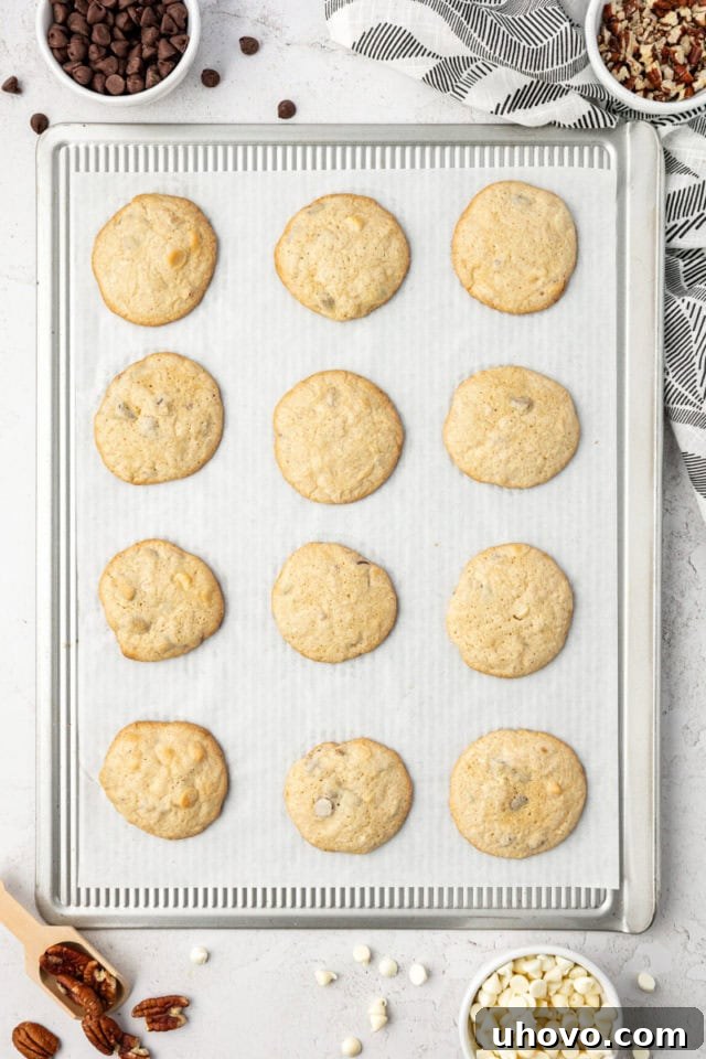 Overhead view of black and white chocolate chip cookies on parchment-lined baking sheet