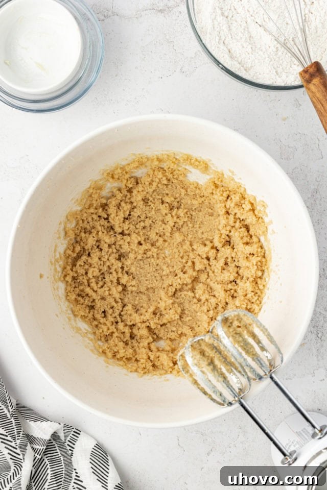 Overhead view of creamed butter and sugar