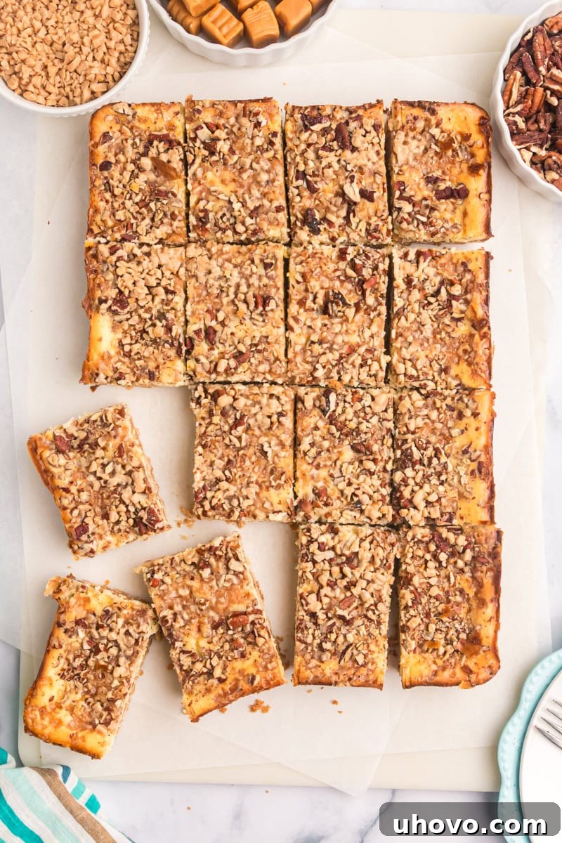 overhead view of caramel cheesecake bars cut into bars