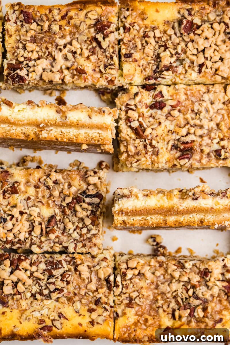 caramel cheesecake bars with clean slices showing layered texture