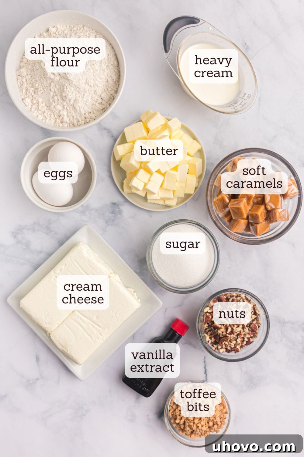 overhead view of ingredients for caramel cheesecake bars