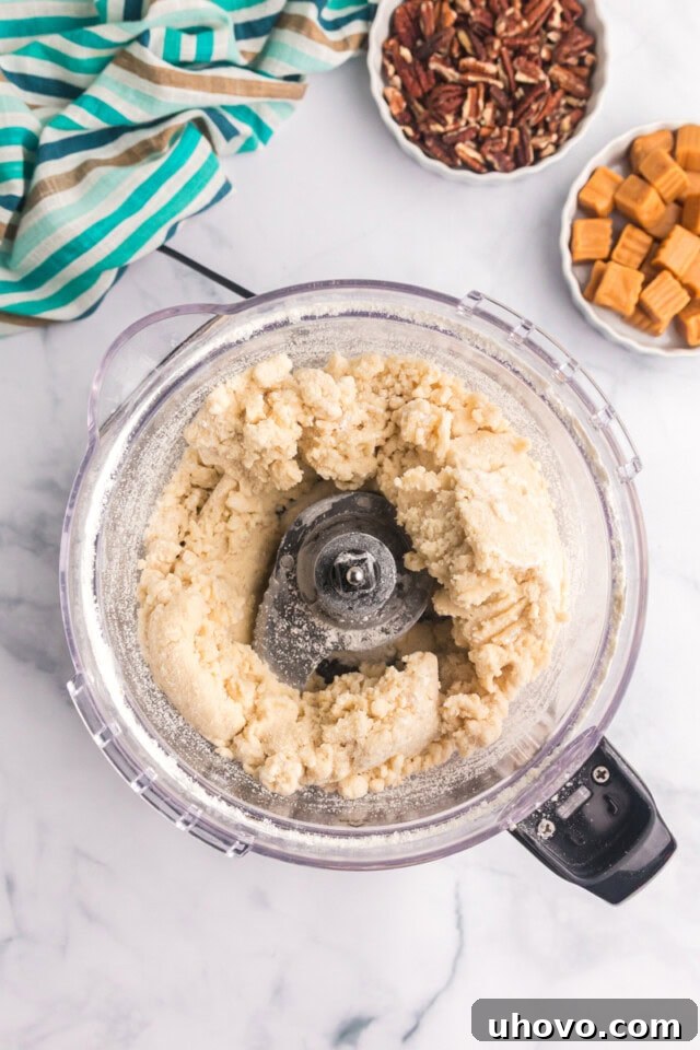 overhead view of shortbread crust mixture in the bowl of a food processor