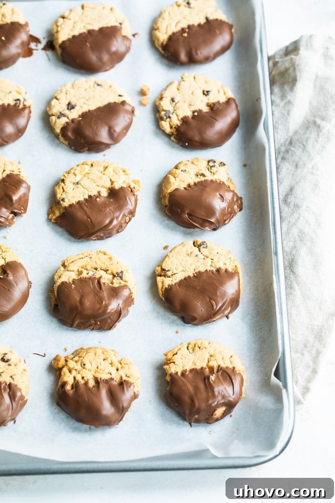 Chocolate-dipped peanut butter meltaways cooling on a parchment-lined baking sheet.