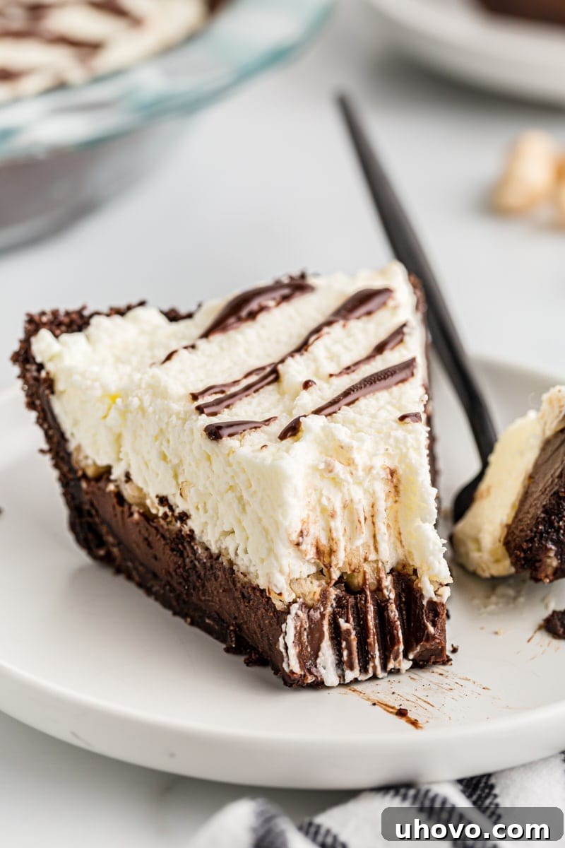 A perfectly sliced piece of Chocolate Hazelnut Black-Bottom Pie on a white plate, showcasing its distinct layers of dark chocolate crust, rich ganache, and a generous topping of whipped cream, adorned with a chocolate drizzle.