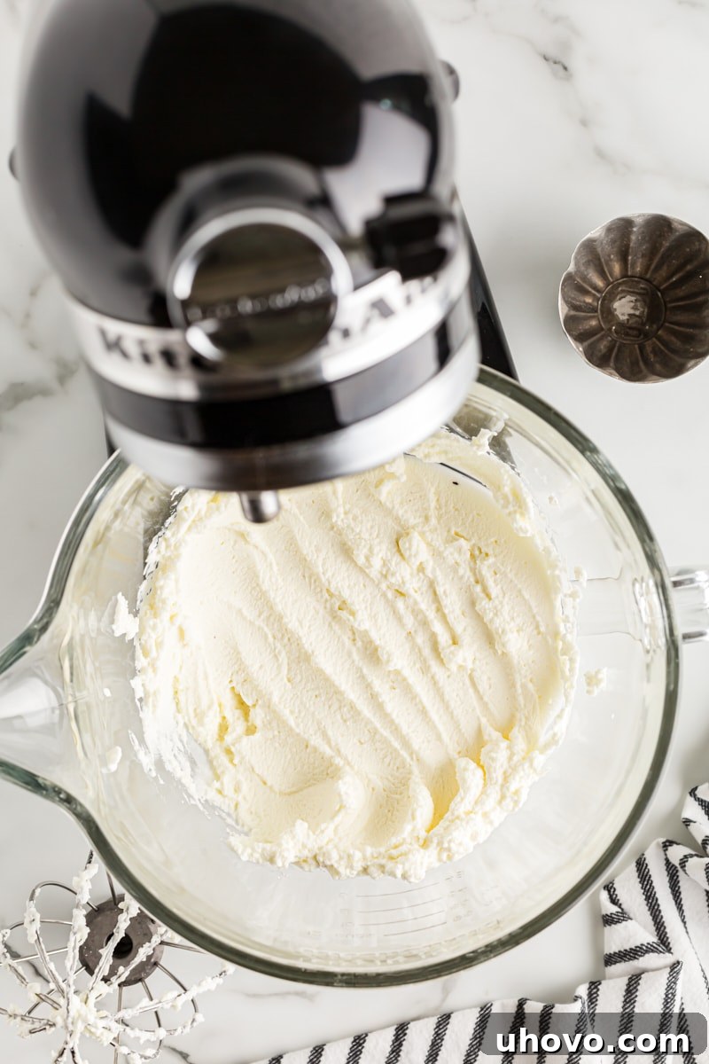 Overhead view of perfectly whipped cream with stiff peaks in a stand mixer bowl.