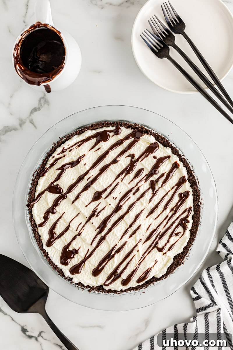 An overhead view of the complete Chocolate Hazelnut Black-Bottom Pie nestled in a clear glass pie pan, showcasing its rich, layered beauty.