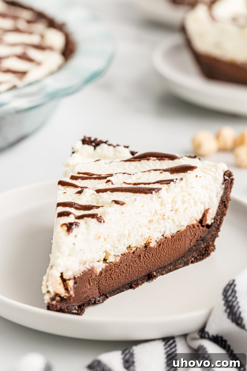 A side view of a slice of Chocolate Hazelnut Black-Bottom Pie on a plate, showcasing its impressive height and layers.