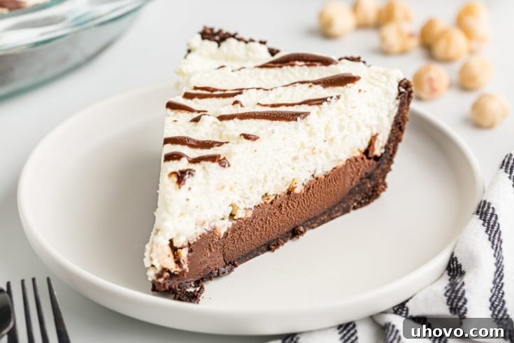 A delectable slice of Chocolate Hazelnut Black-Bottom Pie on a plate, highlighting its distinct layers