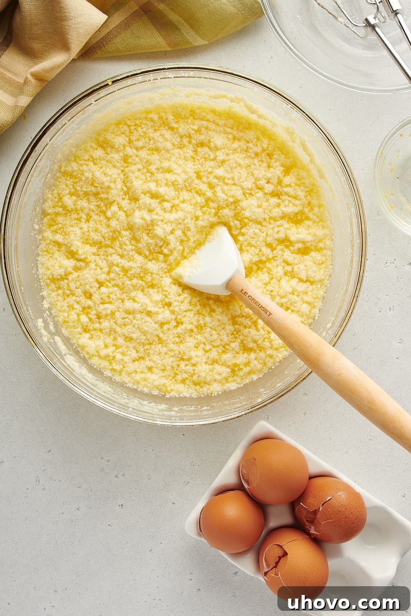 overhead view of mixed lemon curd mixture in a glass mixing bowl