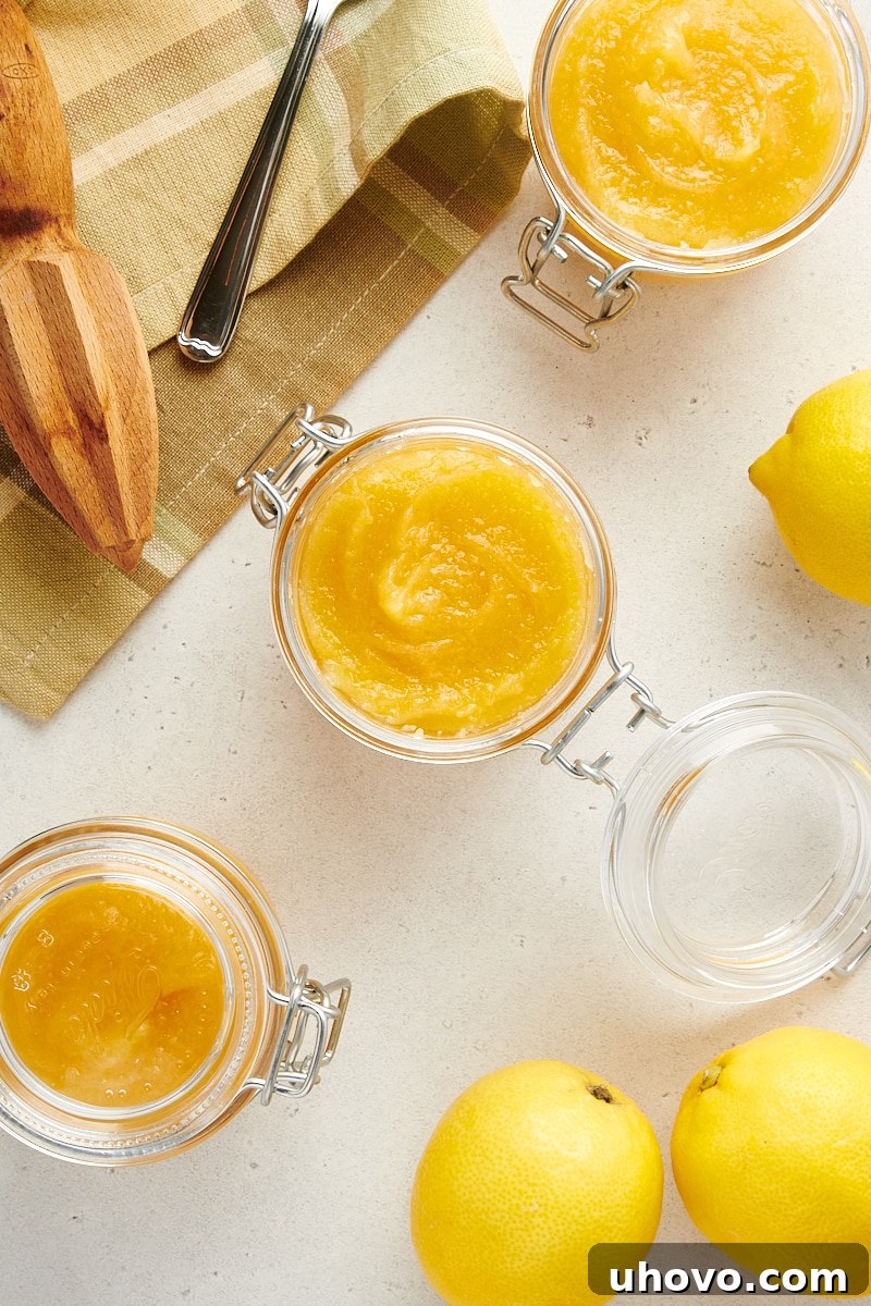 overhead view of lemon curd in small glass jars