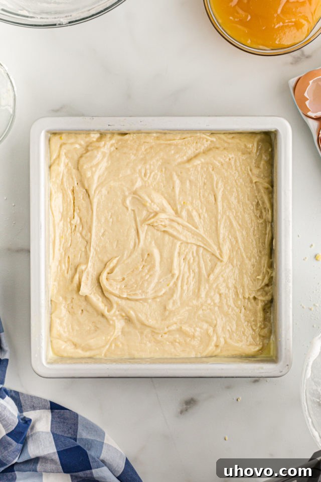 Overhead view of cake batter in pan