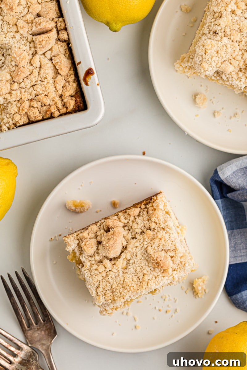 Overhead view of lemon yogurt crumb cake on 2 plates and in pan