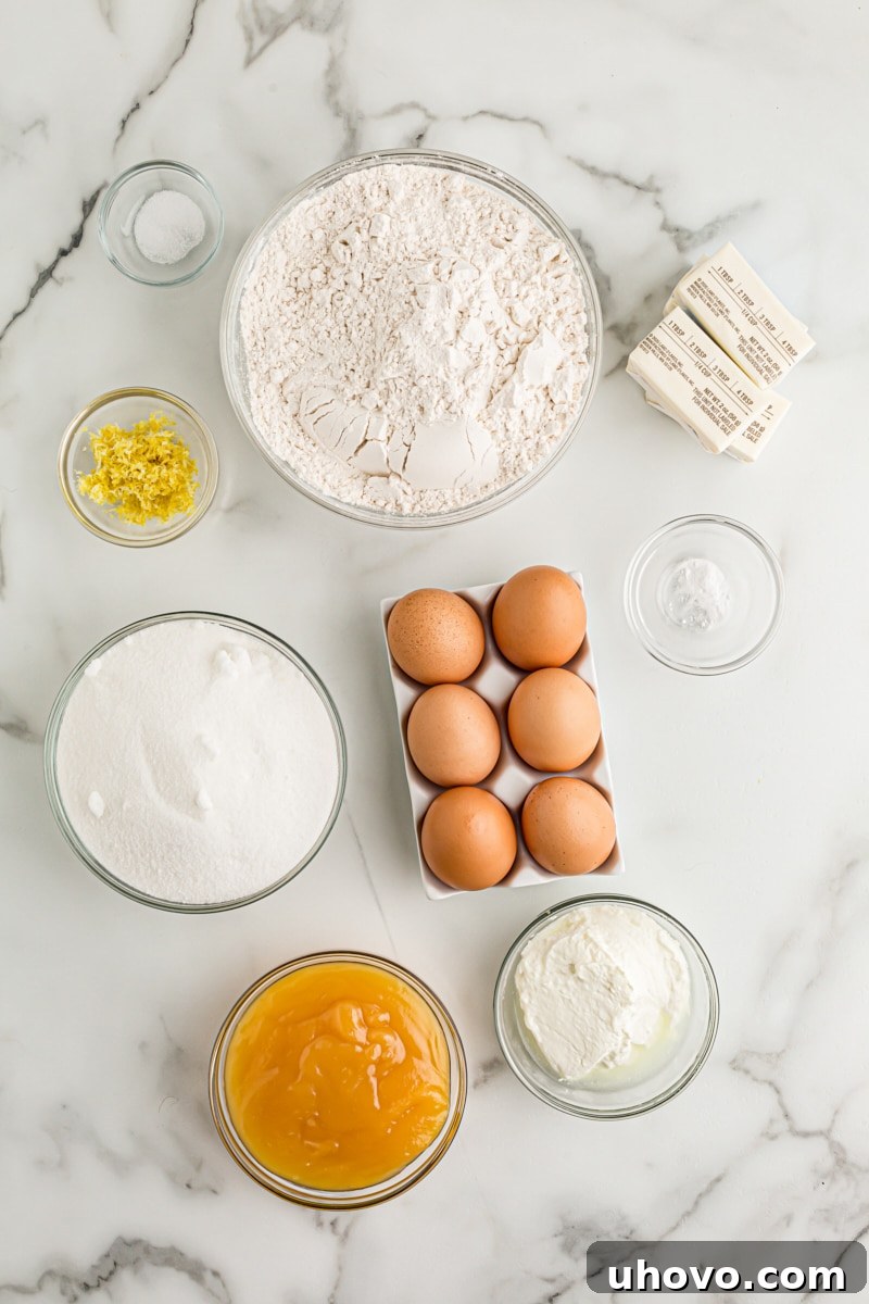 Overhead view of ingredients for lemon crumb yogurt cake