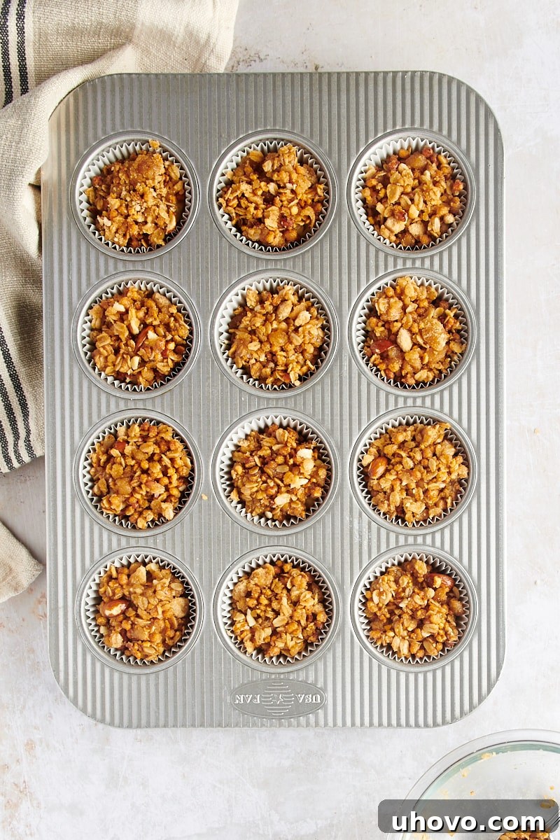 An overhead perspective of the unbaked granola yogurt muffins in their pan, topped with streusel, awaiting the oven.