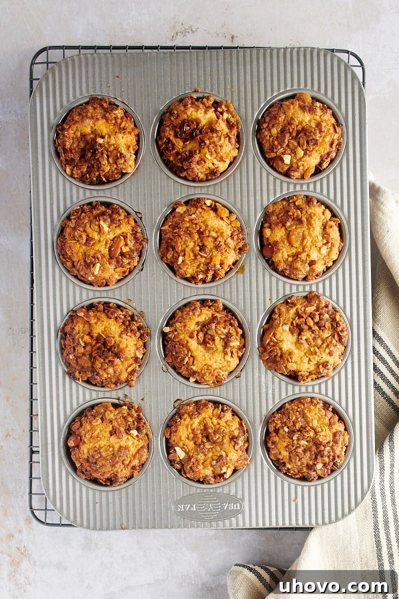 Overhead view of golden-brown granola yogurt muffins in the baking pan, just out of the oven, their streusel topping perfectly toasted.