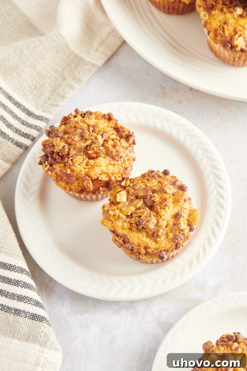 Overhead view of two granola yogurt muffins on a small white plate, ready to be enjoyed as a perfect breakfast.