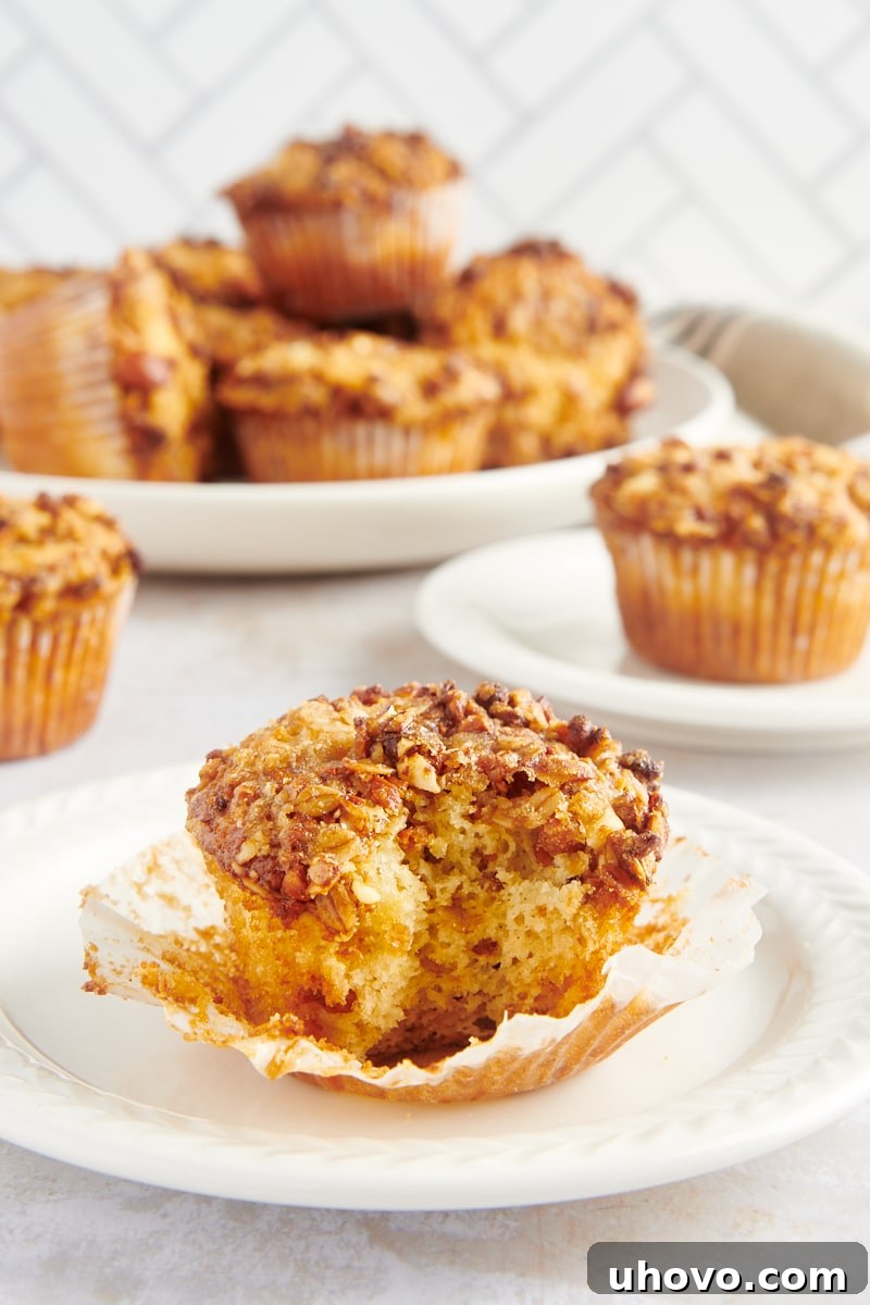 A beautifully unwrapped granola yogurt muffin on a white plate, showcasing its fluffy texture and golden streusel topping, inviting a bite.