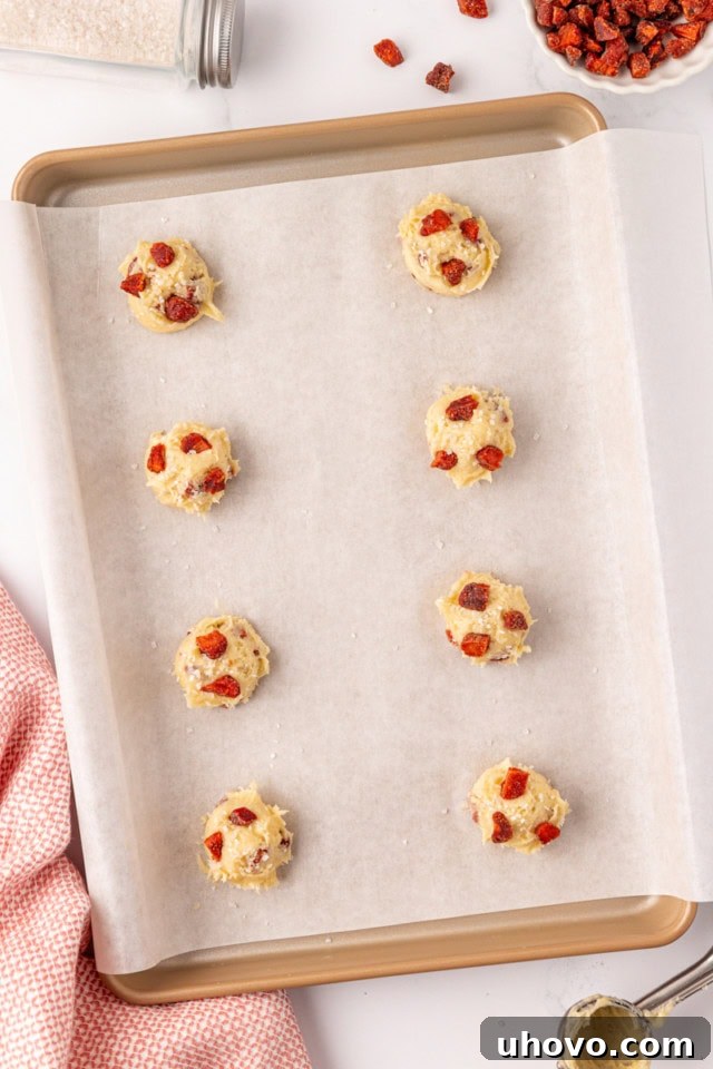 Overhead view of portioned strawberry cream cheese cookie dough, garnished with extra dried strawberries and coarse sugar on a parchment-lined baking sheet.