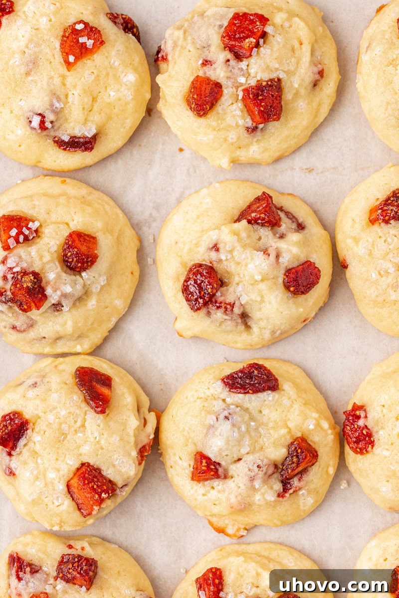 Overhead close-up view of several strawberry cream cheese cookies arranged tightly together on parchment paper, highlighting their soft texture and embedded dried strawberries.