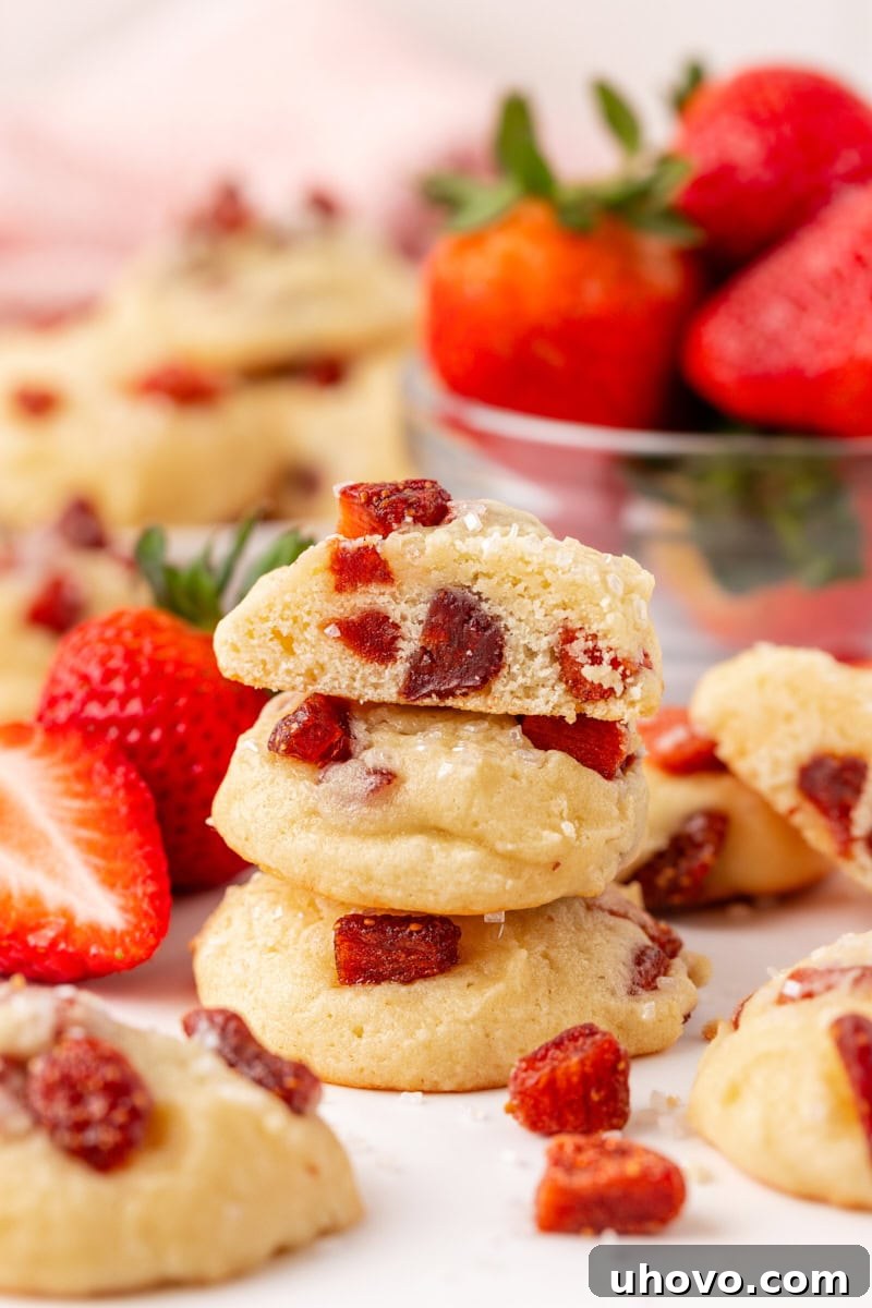 Stack of three strawberry cream cheese cookies on a white plate, with a bite taken out of the top cookie; blurred fresh strawberries and more cookies are in the background.