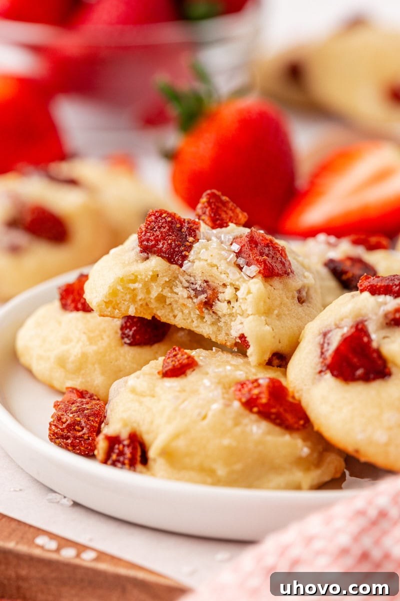 Strawberry cream cheese cookies arranged on a white plate, with one cookie having a bite taken out of it. Fresh strawberries and more cookies are visible in the soft background.