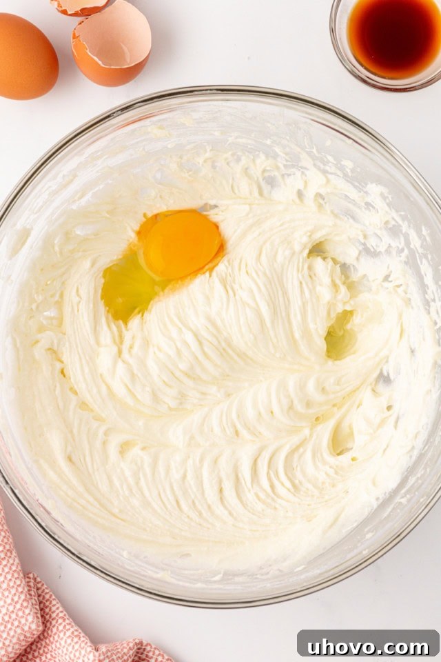 Overhead view of an egg being added to the creamed butter, cream cheese, and sugar mixture, ready for incorporation.