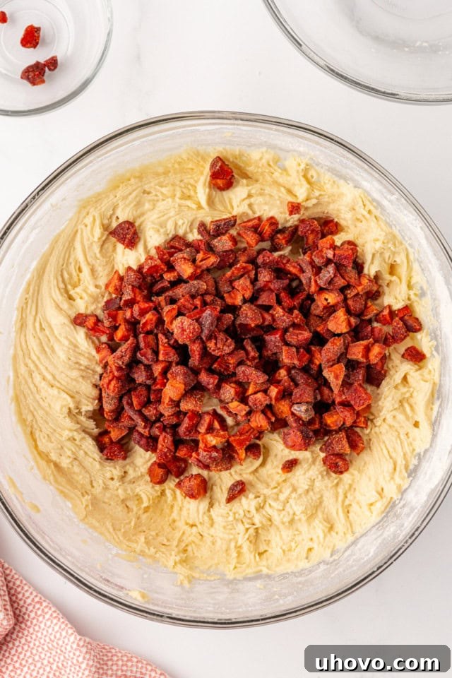 Overhead view of chopped dried strawberries being gently folded into the cream cheese cookie dough mixture.