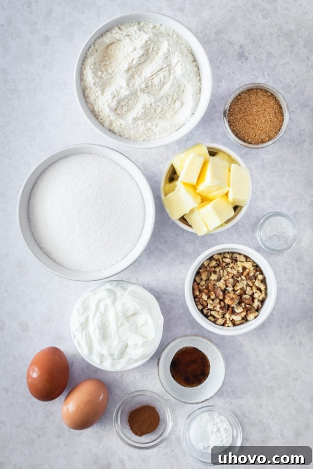 Overhead view of essential ingredients for crafting Sour Cream Coffee Cake Muffins, laid out on a kitchen surface.
