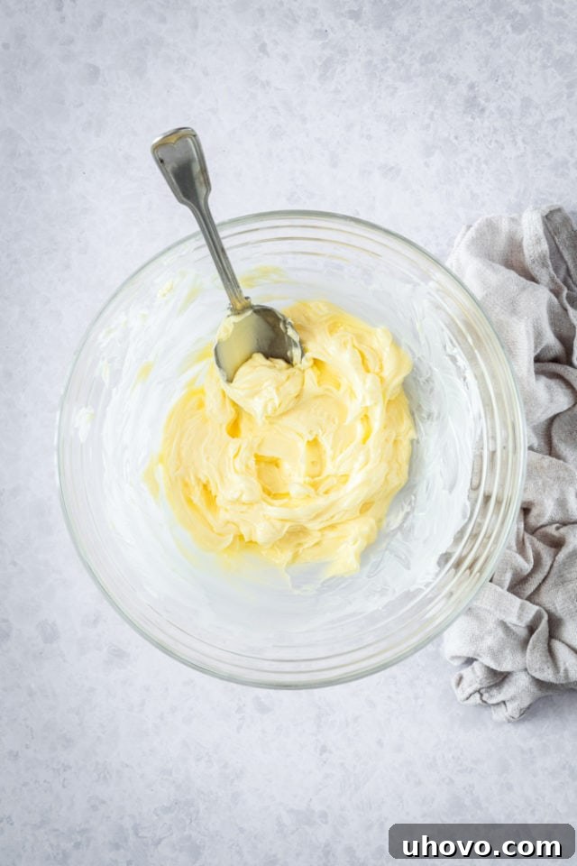 Overhead view of softened butter and granulated sugar thoroughly mixed in a glass bowl, creating a light and creamy base.