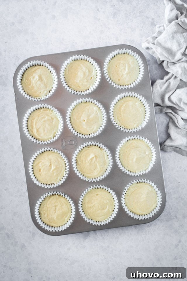 Overhead view of muffin batter neatly portioned into a lined muffin pan, ready for the topping.