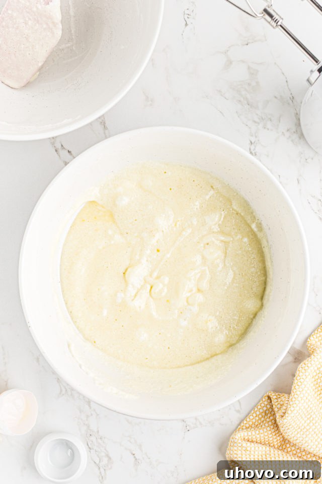 The fully combined and folded Meyer lemon pudding cake batter, appearing light and foamy.