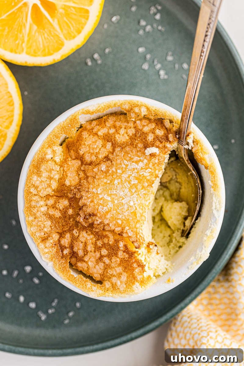 An overhead shot of a Meyer lemon pudding cake with a spoonful removed, revealing the two distinct layers.