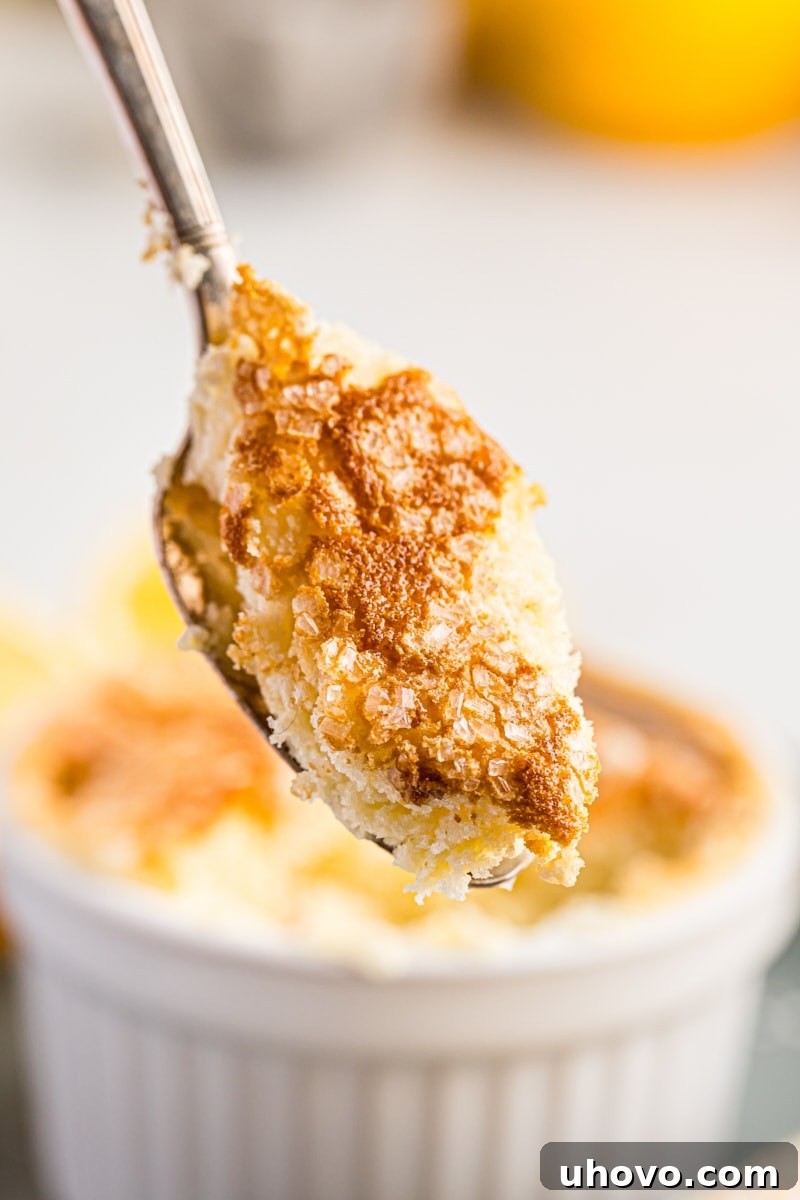 A delectable bite of Meyer lemon pudding cake on a spoon, with the remaining cake in its ramekin blurred in the background.