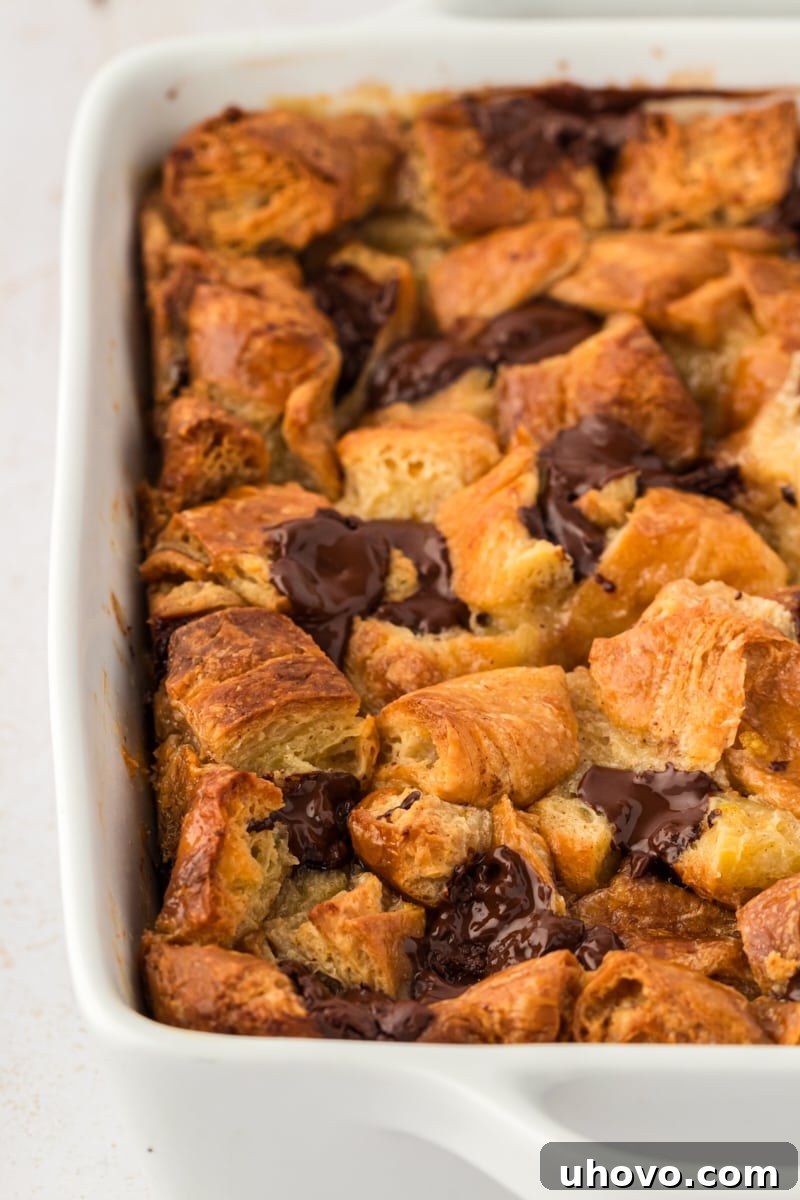 Full baking dish of golden-brown chocolate croissant bread pudding, ready to be served