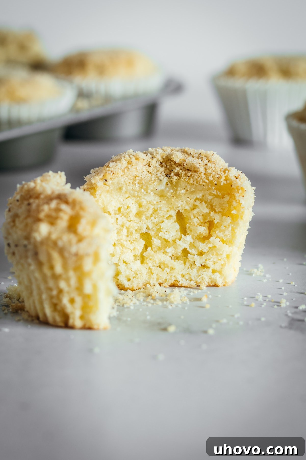 A close-up view of a cream cheese muffin, perfectly sliced in half to reveal its tender crumb and the luscious cream cheese filling within.