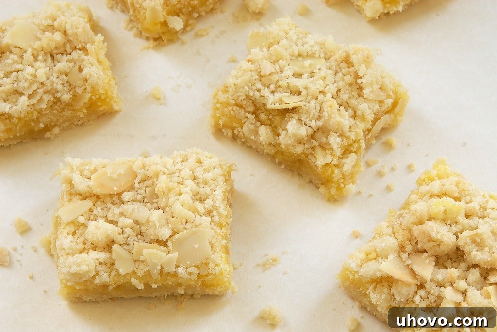 Close-up of Lemon Almond Crumb Bars showing the golden crumb topping and soft lemon filling.