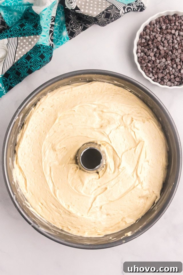 A captivating overhead view of the second layer of cake batter, smoothly spread over the initial crumb layer in a tube pan, creating a beautiful foundation.