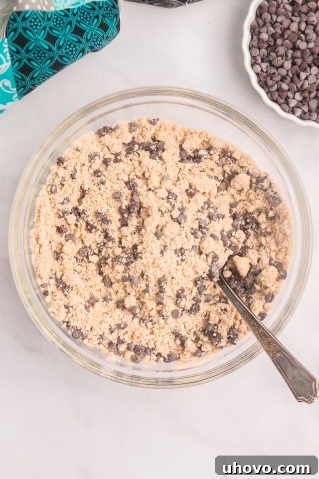 A close-up, overhead view of the completed chocolate chip crumb mixture resting in a glass mixing bowl, showcasing its perfectly clumpy and enticing texture.